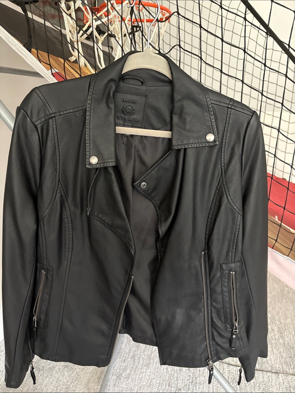 Max Studio Black Faux Leather Moto Jacket with Zip Pockets